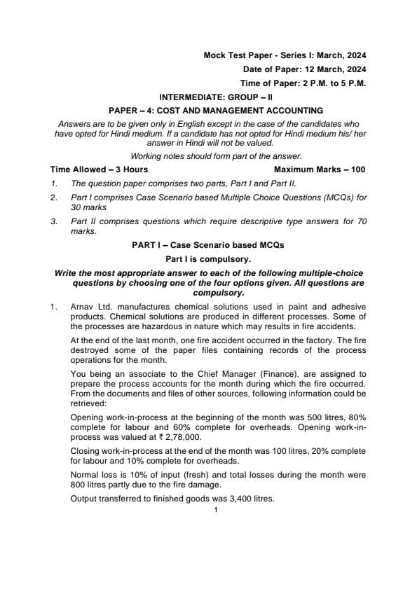 First page of MTP important questions of COSTING paper issued by ICAI. Must go through before exam. Follow for more.