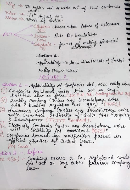 First page of companies act law handwritten notes