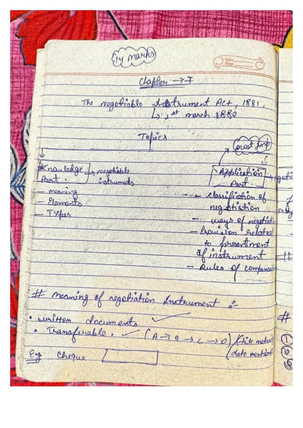 First page of Negotiable instrument act hand written notes