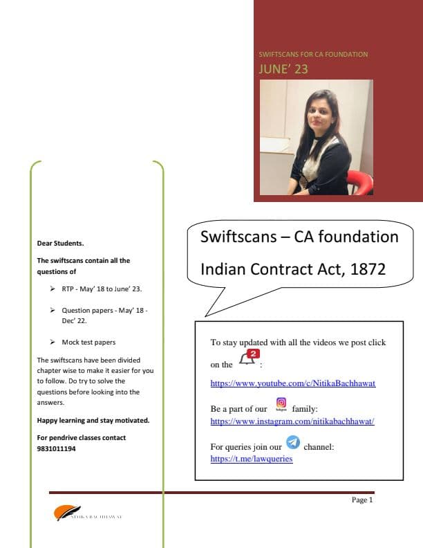 First page of Business Laws, Question Bank ( INDIAN CONTRACT ACT - 1872 ) #PYQ #MTP # RTP !