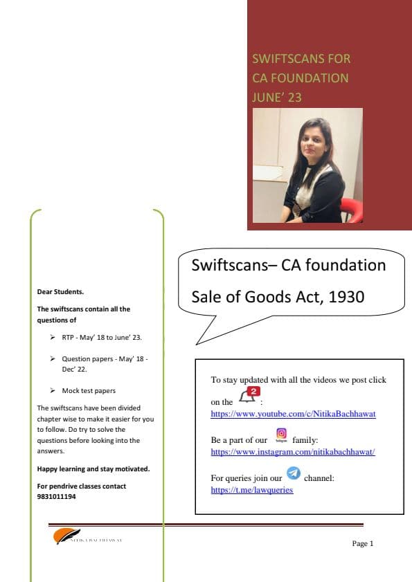 First page of Business Laws, Question Bank ( SALE OF GOODS ACT - 1930 ) #PYQ #MTP # RTP !