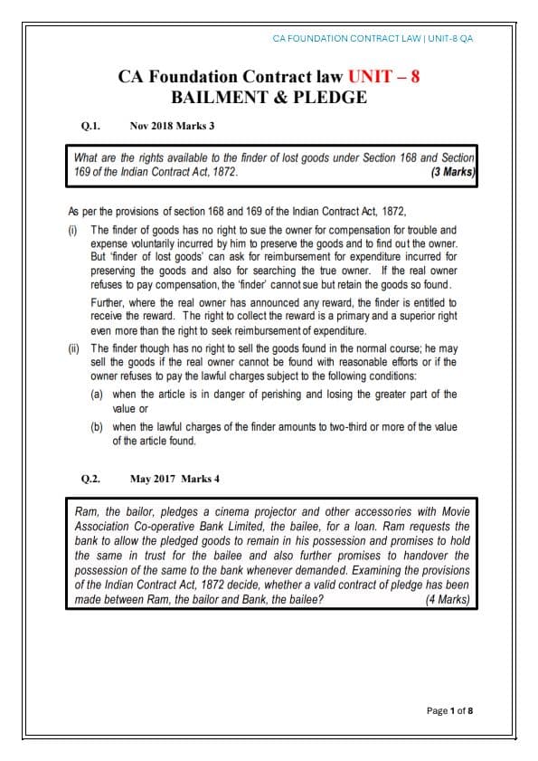 First page of Ca foundation Indian contract act,1872 UNIT-8 PYQ AND MTP,RTP 🙃