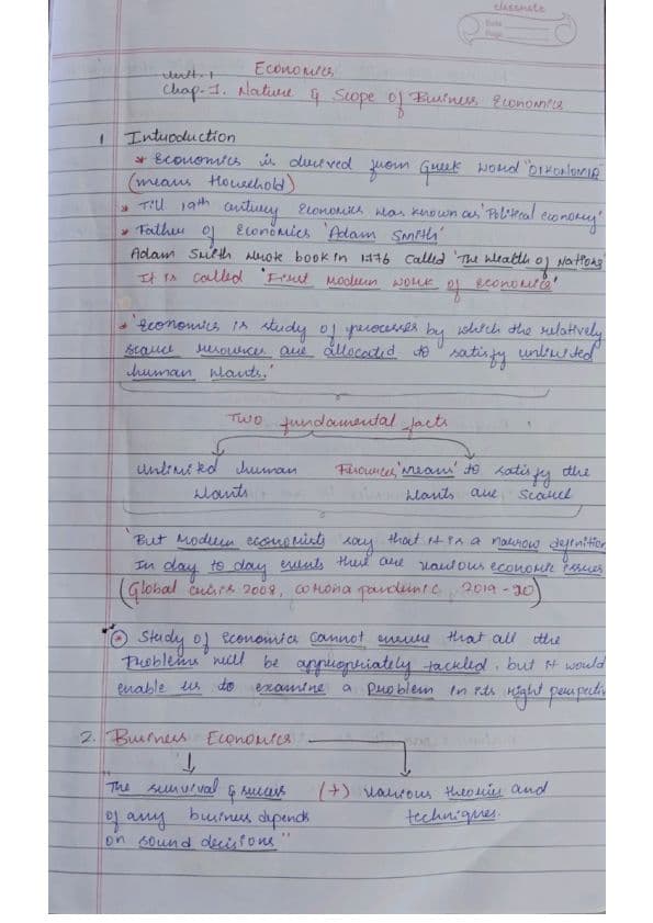 First page of Ca foundation Economics chapter-1 Notes