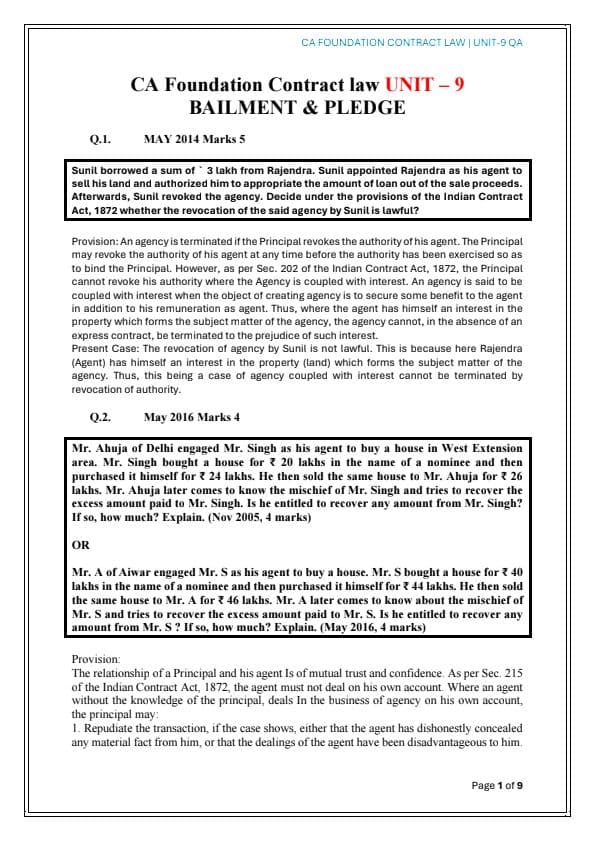 First page of Ca foundation Law India contact act, 1872 UNIT--9 PYQ, MTP, RTP....🙃