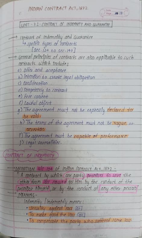 First page of BUSINESS LAW INDIAN CONTRACT ACT 1872 Unit - 7 : Contract of Indemnity and Guarantee