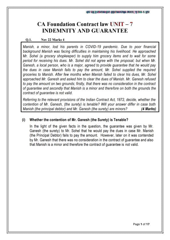First page of Contract of indemnity and guarantee Questions https://youtube.com/@IITASPIRANT2025P?si=y4B1U7sJak0G7qYW