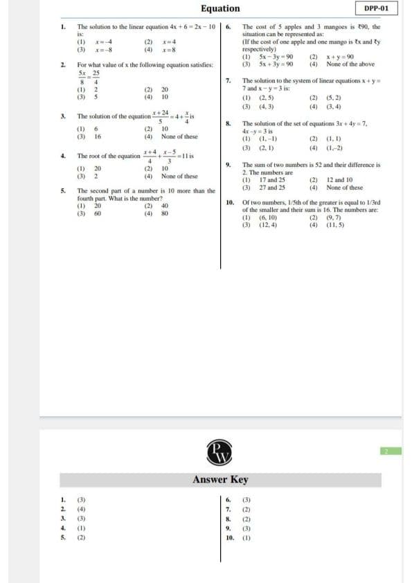 First page of QUANTITATIVE APTITUDE EQUATION PRACTICE QUESTIONS BY PW