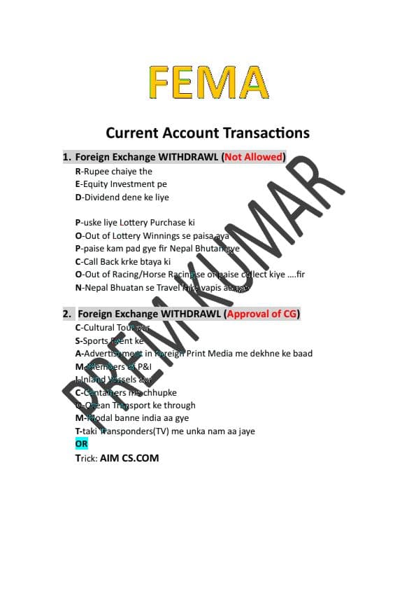 First page of Easy Trick to remember FEMA(Current Account Transactions)