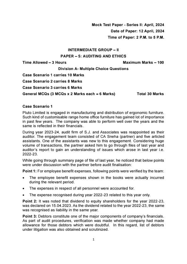 First page of MTP SERIES-II PAPER-5 Auditing and Ethics Relevant for May-24 and onwards