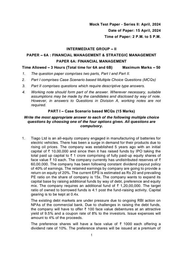 First page of MTP SERIES-II PAPER-6 FINANCIAL MANAGEMENT AND STRATEGIC MANAGEMENT Relevant for May-24 and onwards