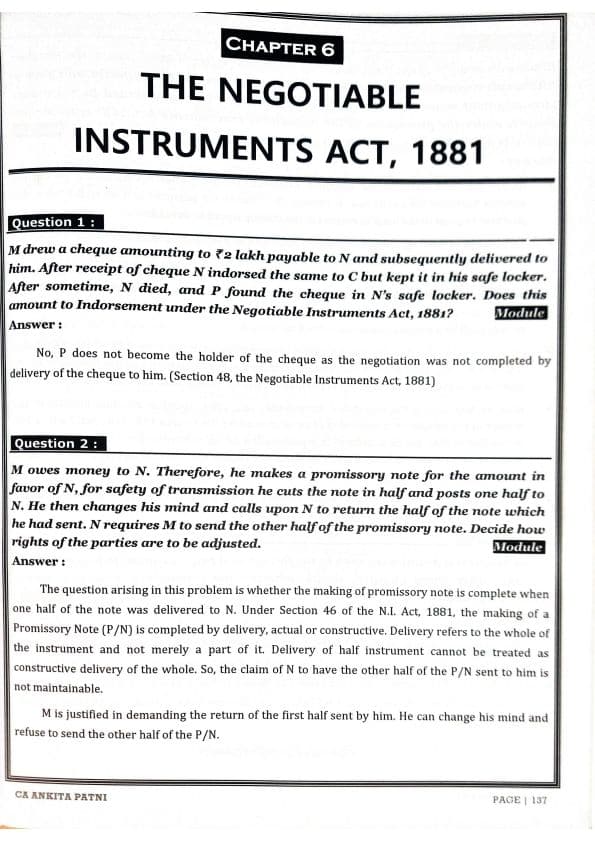 First page of COMPANIES ACT AND NEGOTIABLE INSTRUMENTS ACT BY CA ANKITA PATNI QUESTION BANK