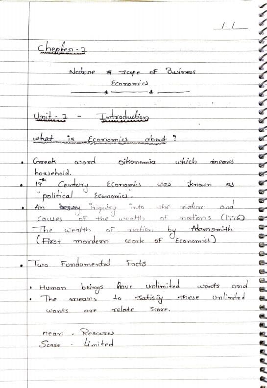 First page of Chepter 1 All units, nature & scope of business economics Detailed notes, amendment notes