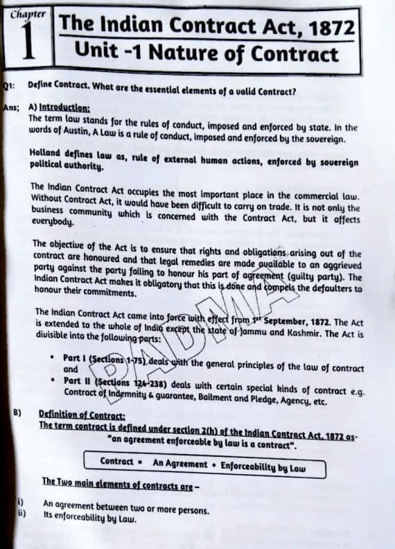 First page of The Indian contract act,1872 (Unit-1) notes...follow for more updates for business law