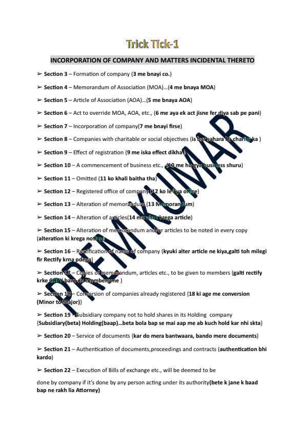 First page of Easy Trick to remember all SECTIONS Chapter -2 Incorporation of Co. -Prem Kumar