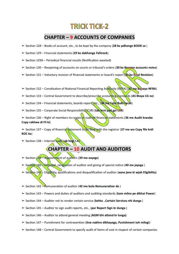 First page of Easy Tricks to Remember SECTIONS Ch.9-Accounts of Companies Ch.10-Audit and Auditors -Prem Kumar