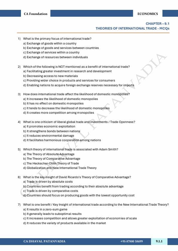 First page of Chepter 9, international trade Unit 1 MCQs. Practice questions and important questions.