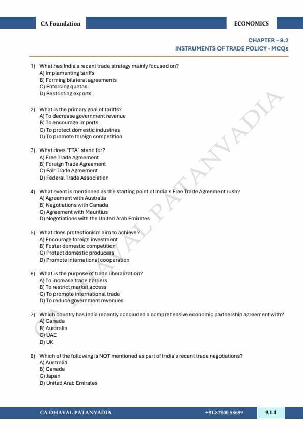 First page of Chepter 9, international trade Unit 2 MCQs. Practice questions and important questions.