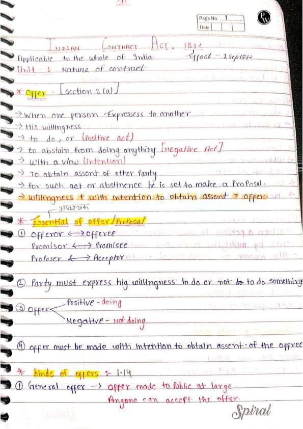 First page of Indian Contract Act Handwritten notes