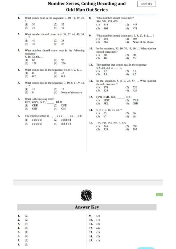 First page of Quantitative aptitude Number series, coding, decoding and odd man out questions