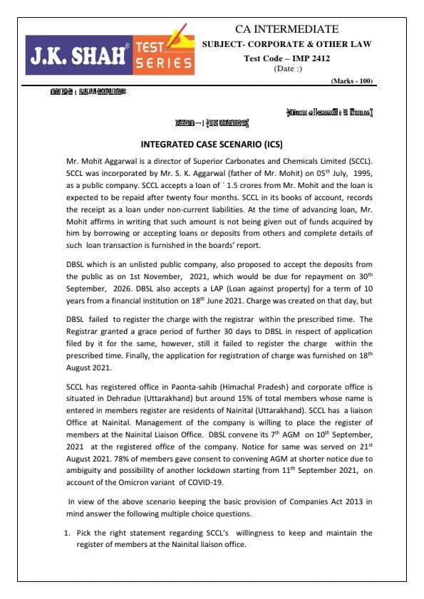 First page of Law paper-2 for ca intermediate by jk shah classes B.O.L.
