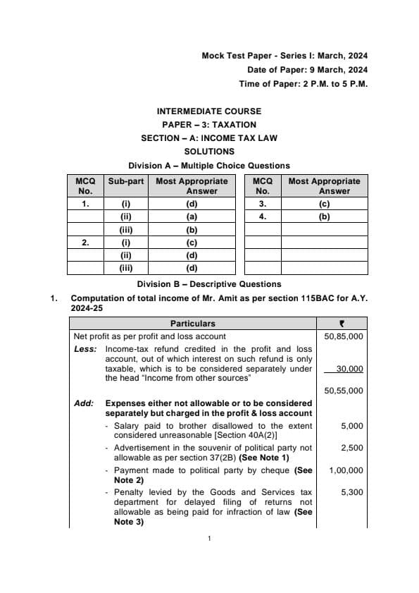 First page of Inter TAXATION MTP SOLUTIONS may 2024