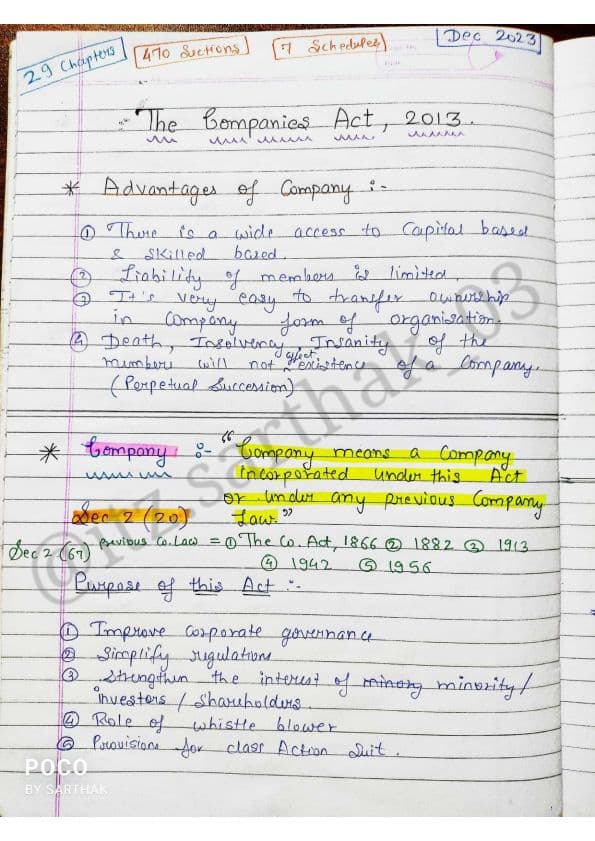 First page of CA Foundation Paper 2 Business Law Companies Act Handwritten Notes 💯📚