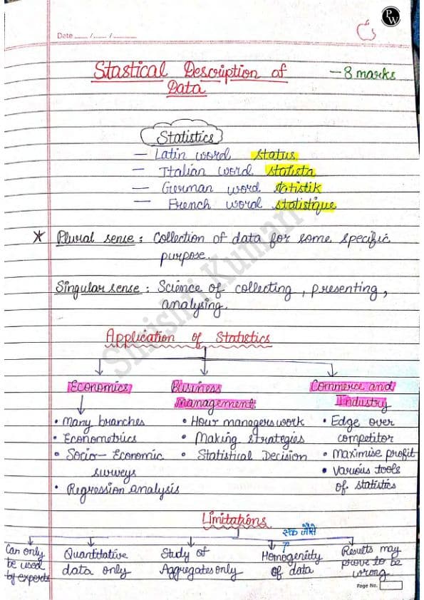 First page of Quantitative aptitude Stastical description of data notes
