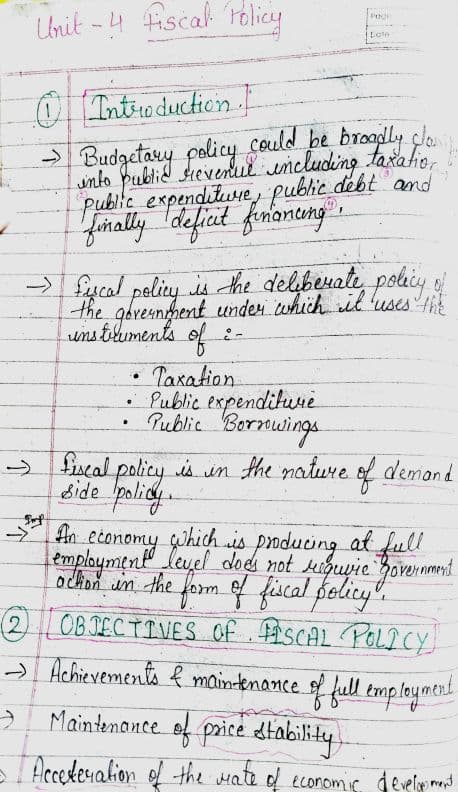 First page of Chapter 7-Public Finance Unit -4 Fiscal policy