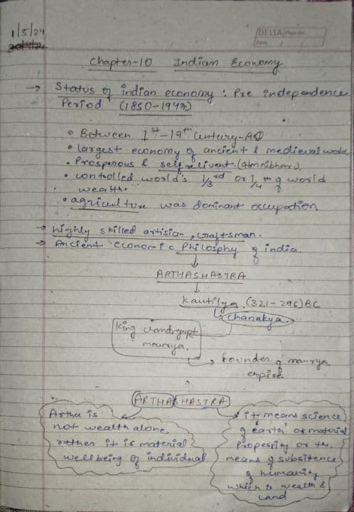 First page of Indian economy handwritten notes by me last topic cover in book because of huge data 👍