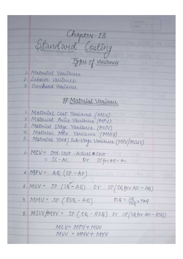 First page of Standard Costing handwritten notes. From basic to advance question, best notes to understand this chapter.