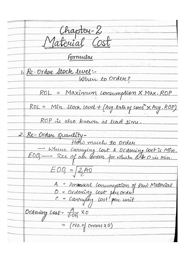 First page of Material Cost formulas.