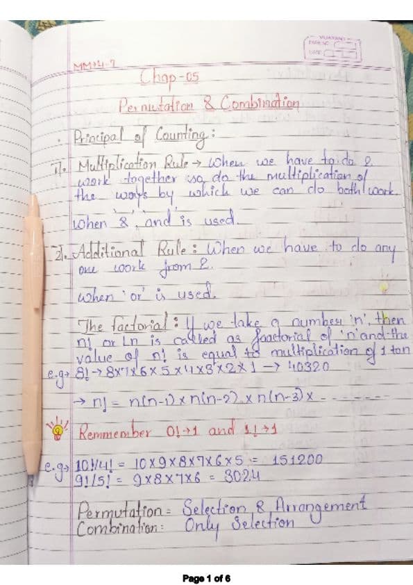 First page of Permutations and Combinations handwritten notes| Quantitive Aptitude