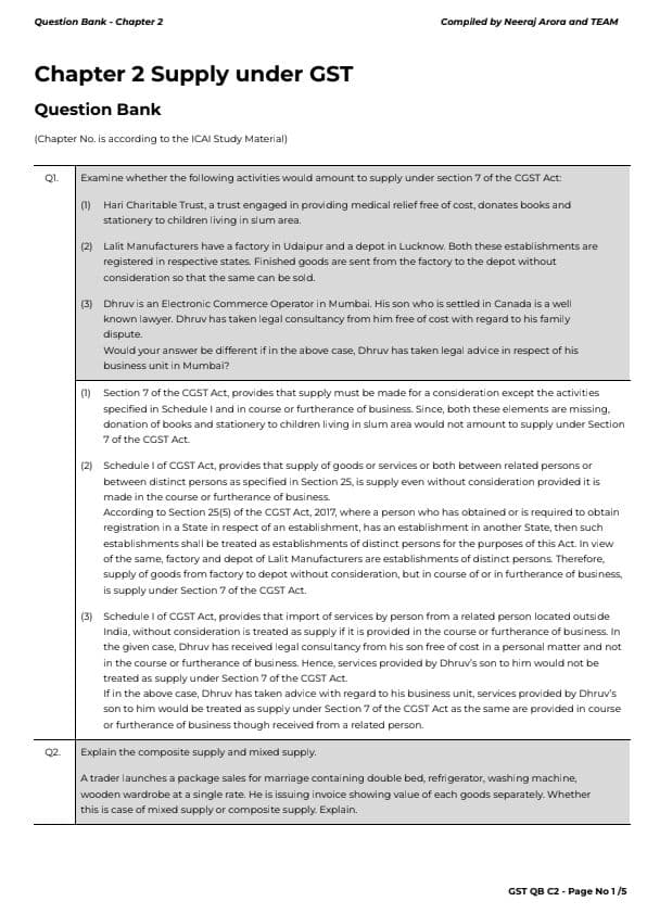 First page of GST CH 2 SUPPLY UNDER GST ( QUESTION BANK)