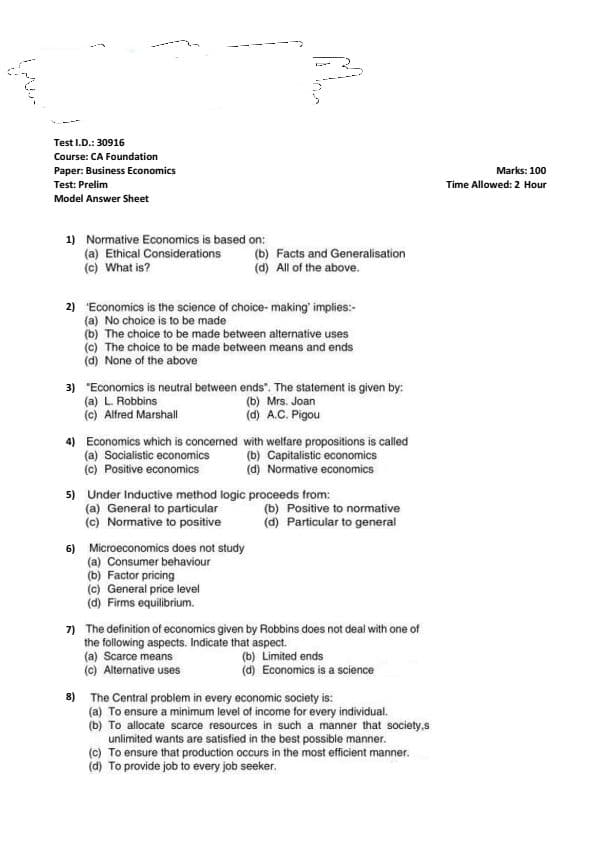 First page of Economics Practice Questions With answers