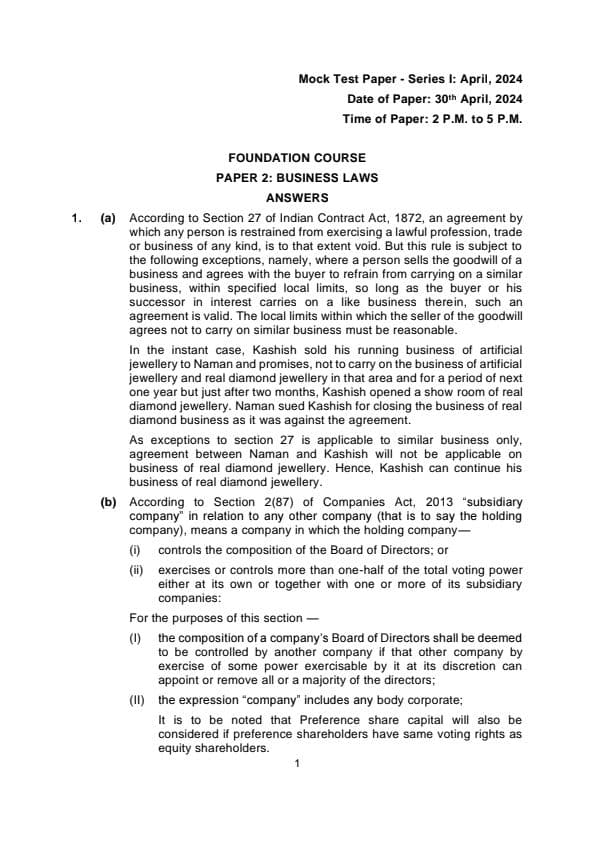 First page of Business Laws, June 24 MTP - 1 ( Suggested Answers )