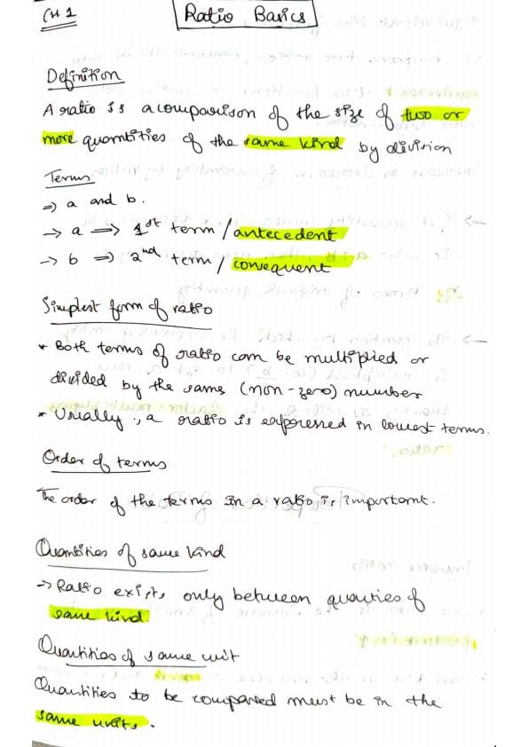 First page of One shot revision notes of Ratio, proportions, indices and logarithms Handwritten notes