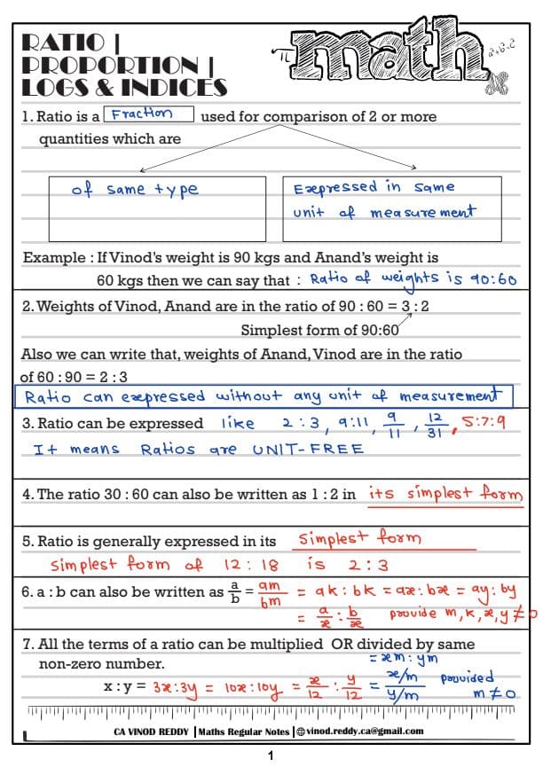 First page of Ca foundation chapter 1 ratio proportions logs and indices by ca vinod reddy sir for September 2024 batch