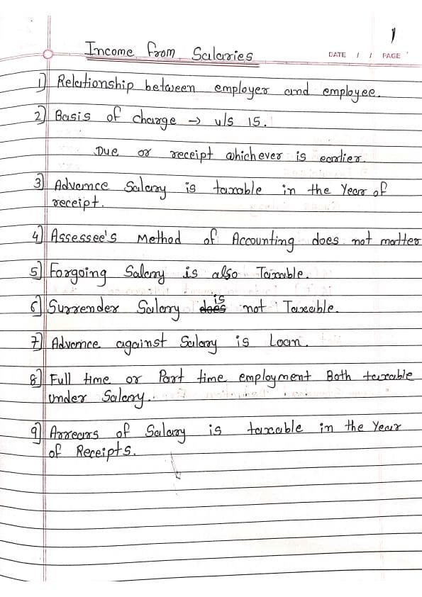 First page of Tax : income from salary handwritten notes.