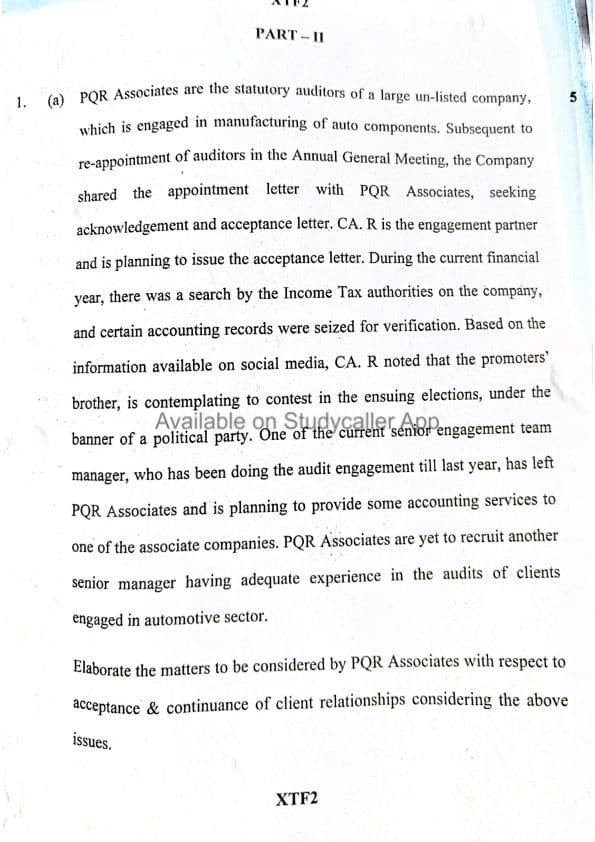 First page of CA Final Audit Question Paper May 2024