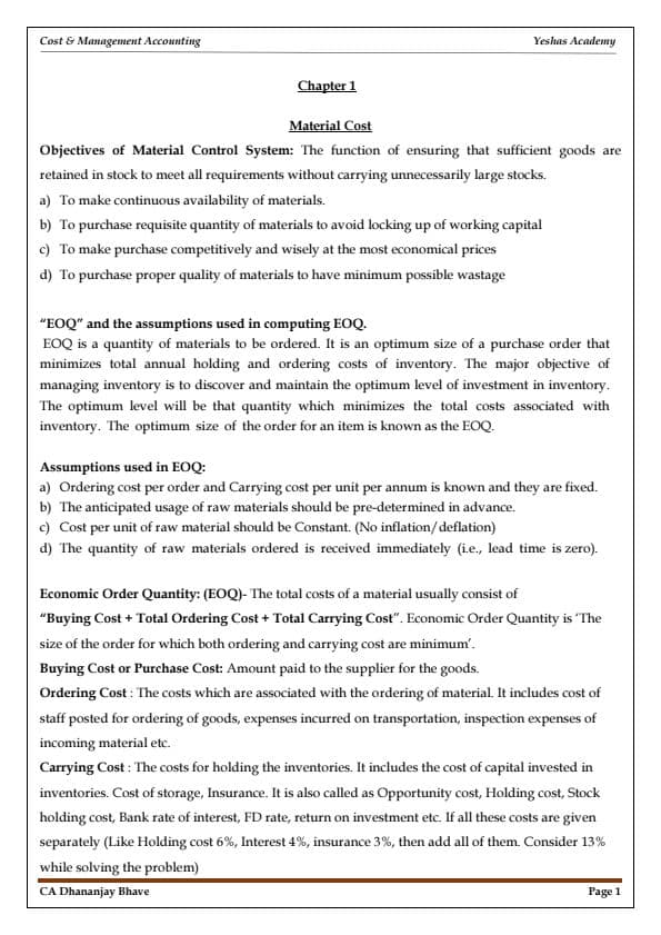 First page of CA Inter Costing Theory Revision Notes