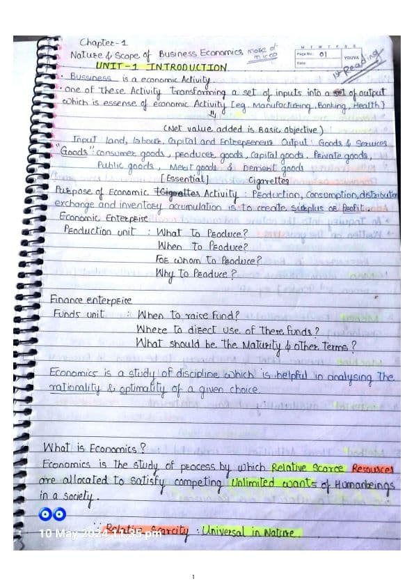First page of CA foundation economics chapter 1 unit 1 NOTES June 24 , sep 24 ,jan 25