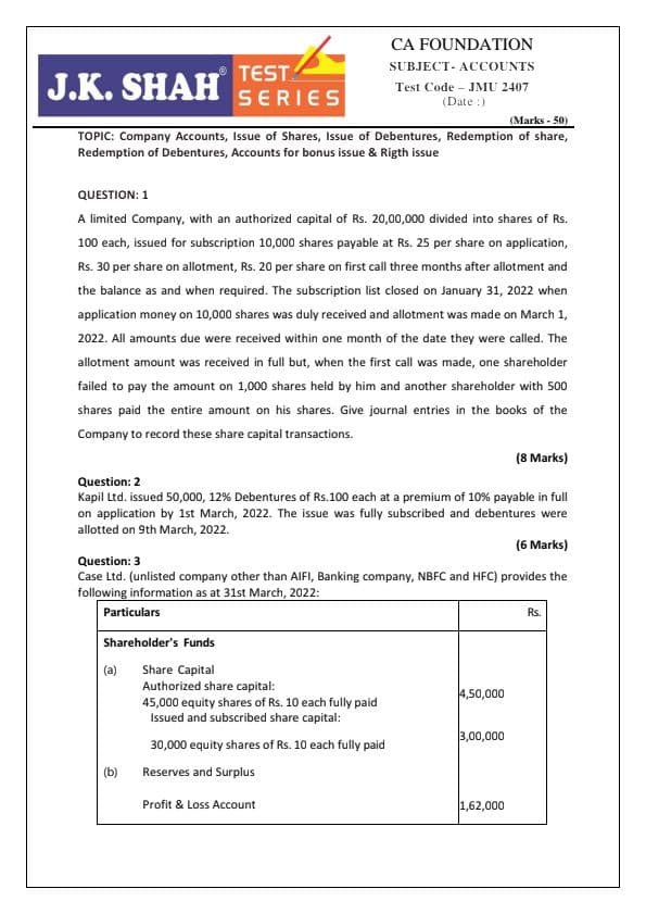 First page of Company Accounts, Issue of Shares, Issue of Debentures, Redemption of share, Redemption of Debentures, Accounts for bonus issue & Right