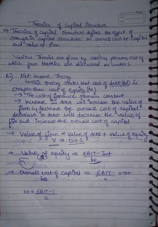 First page of Theories of Capital Structure handwritten notes