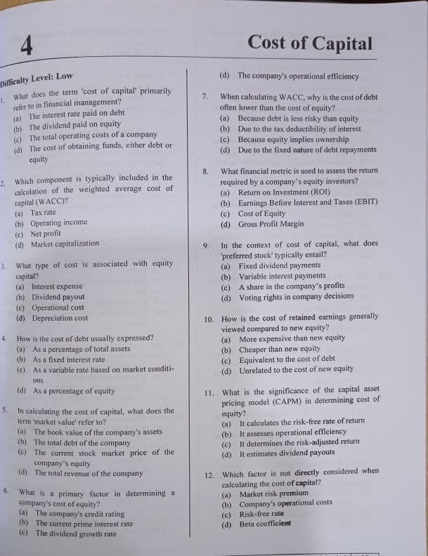 First page of MCQ's practice questions of cost of capital Send me a message for answer key