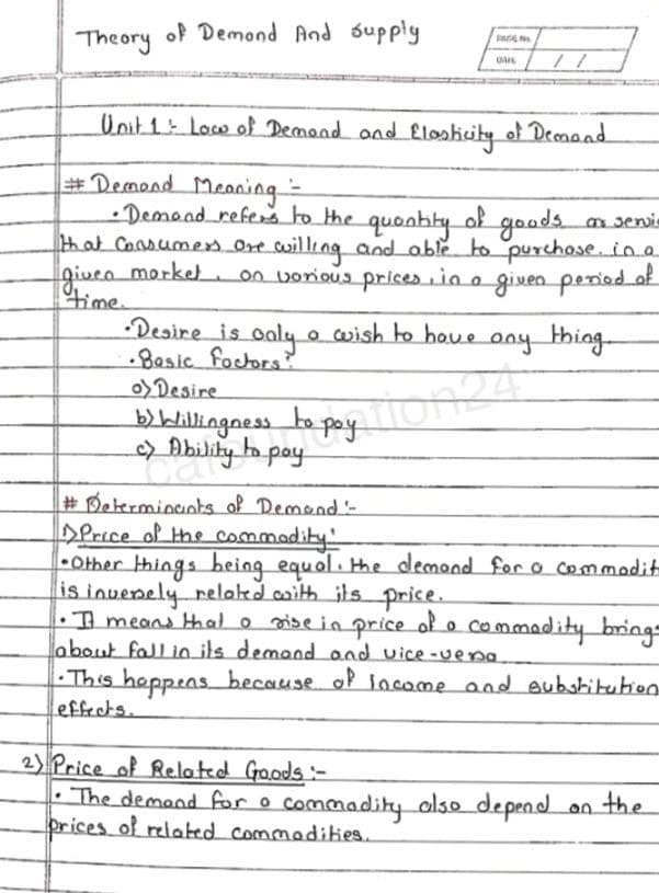 First page of THEORY OF DEMAND AND SUPPLY HANDWRITTEN NOTES