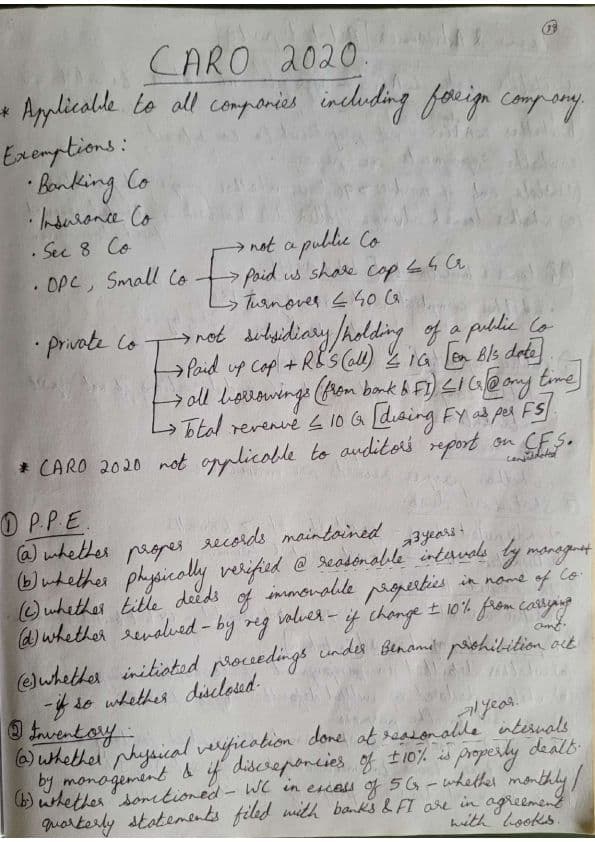 First page of CARO 2020 handwritten short note for quick recap applicable for May 24, Nov 24 CA Inter