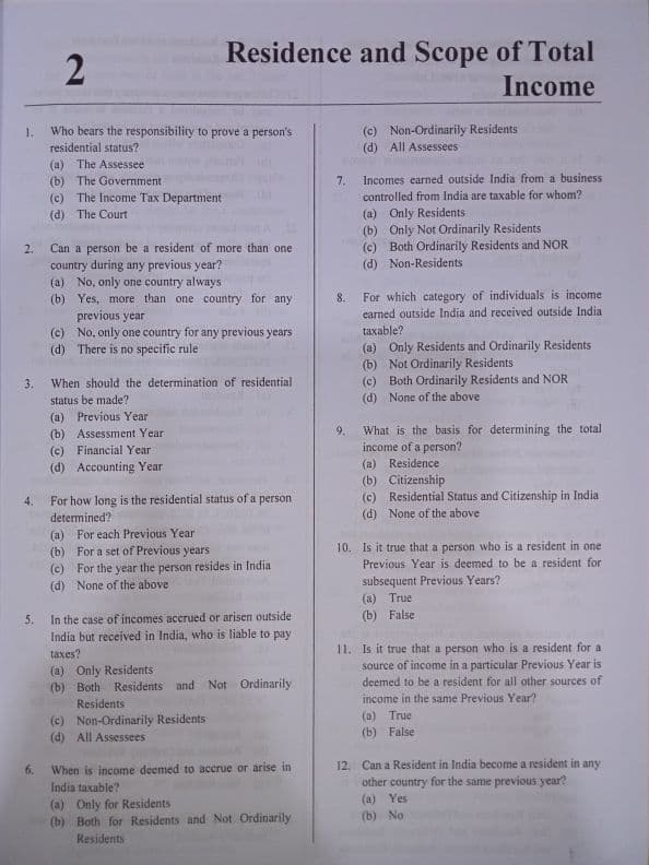 First page of MCQ'S for Residential Status Dm me for the answer key