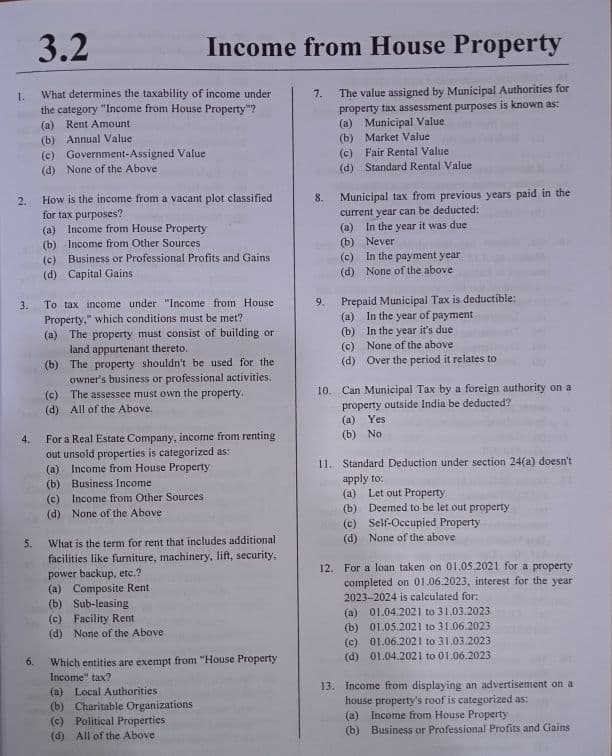 First page of MCQ'S for House Property