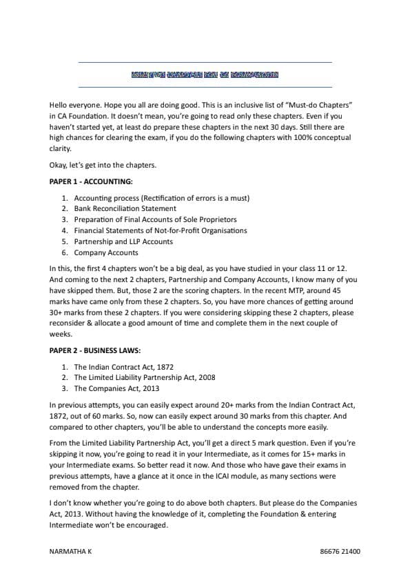 First page of Must do chapters for ca foundation