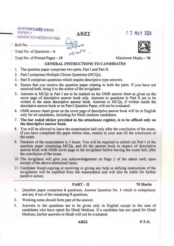 First page of CA Intermediate May 2024 Accountancy Question Paper